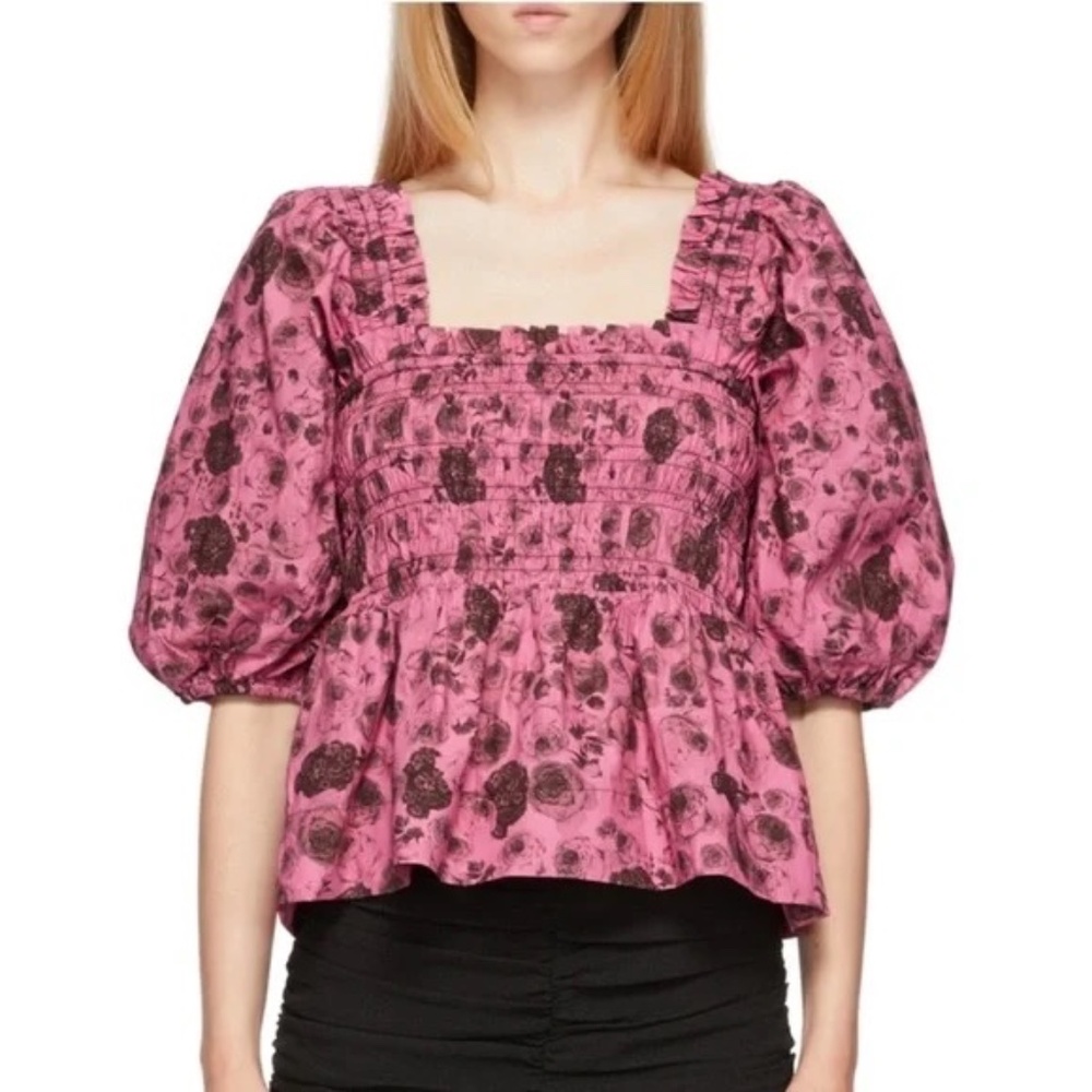 GANNI Pink and Black Floral Smocked Cotton Top - Sz 38 US 6 - Picture 2 of 12